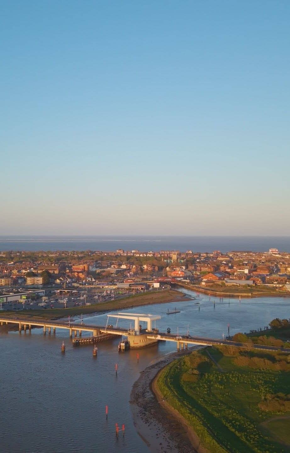Great Yarmouth from the air, with Breydon Bridge and the town beyond