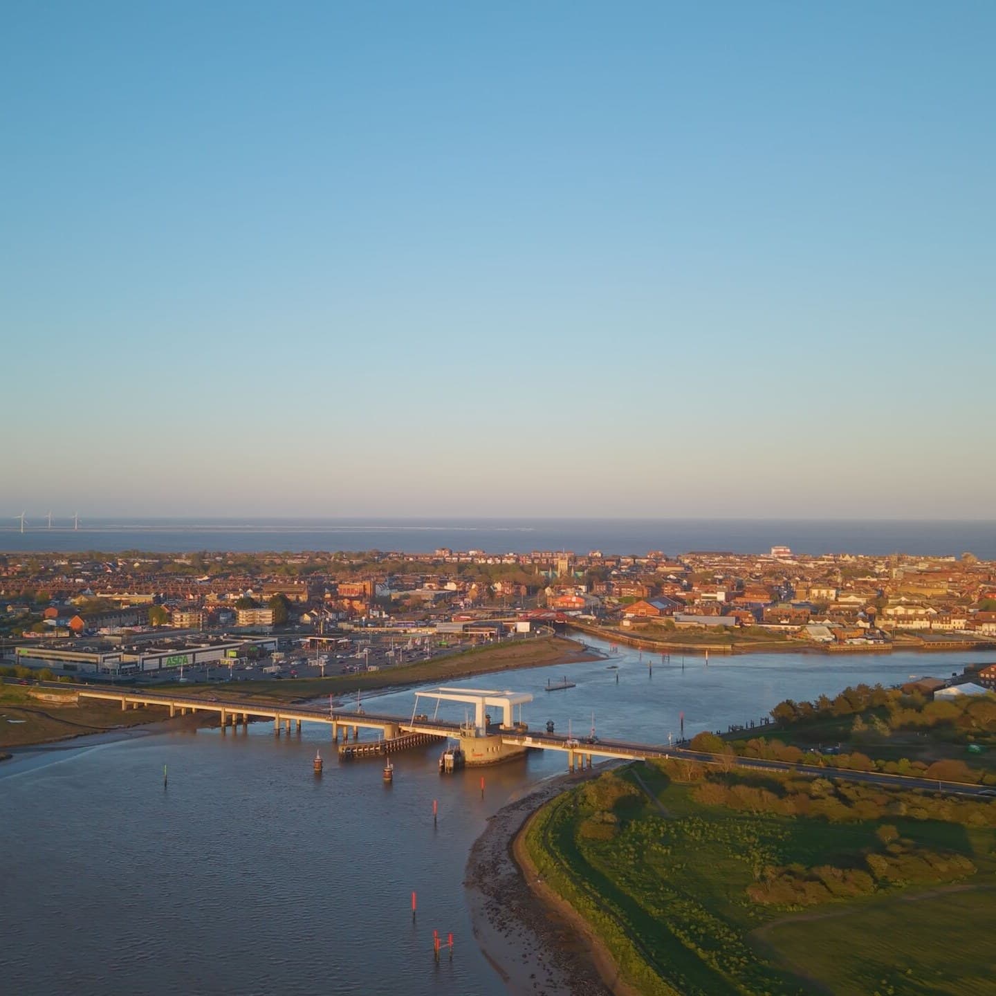 Great Yarmouth from the air, with Breydon Bridge and the town beyond