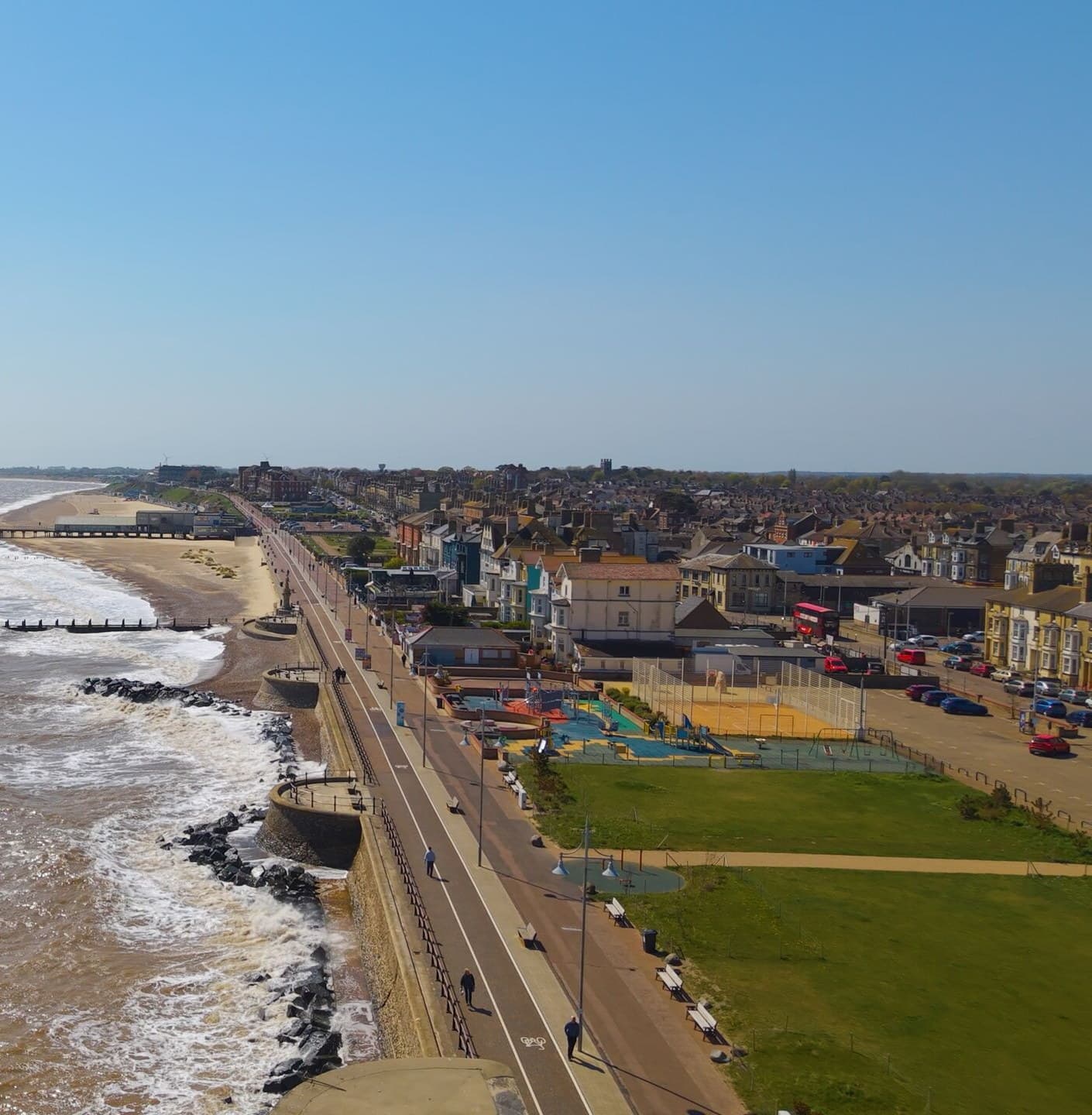 Lowestoft from the air, looking along the seafront and the town behind it
