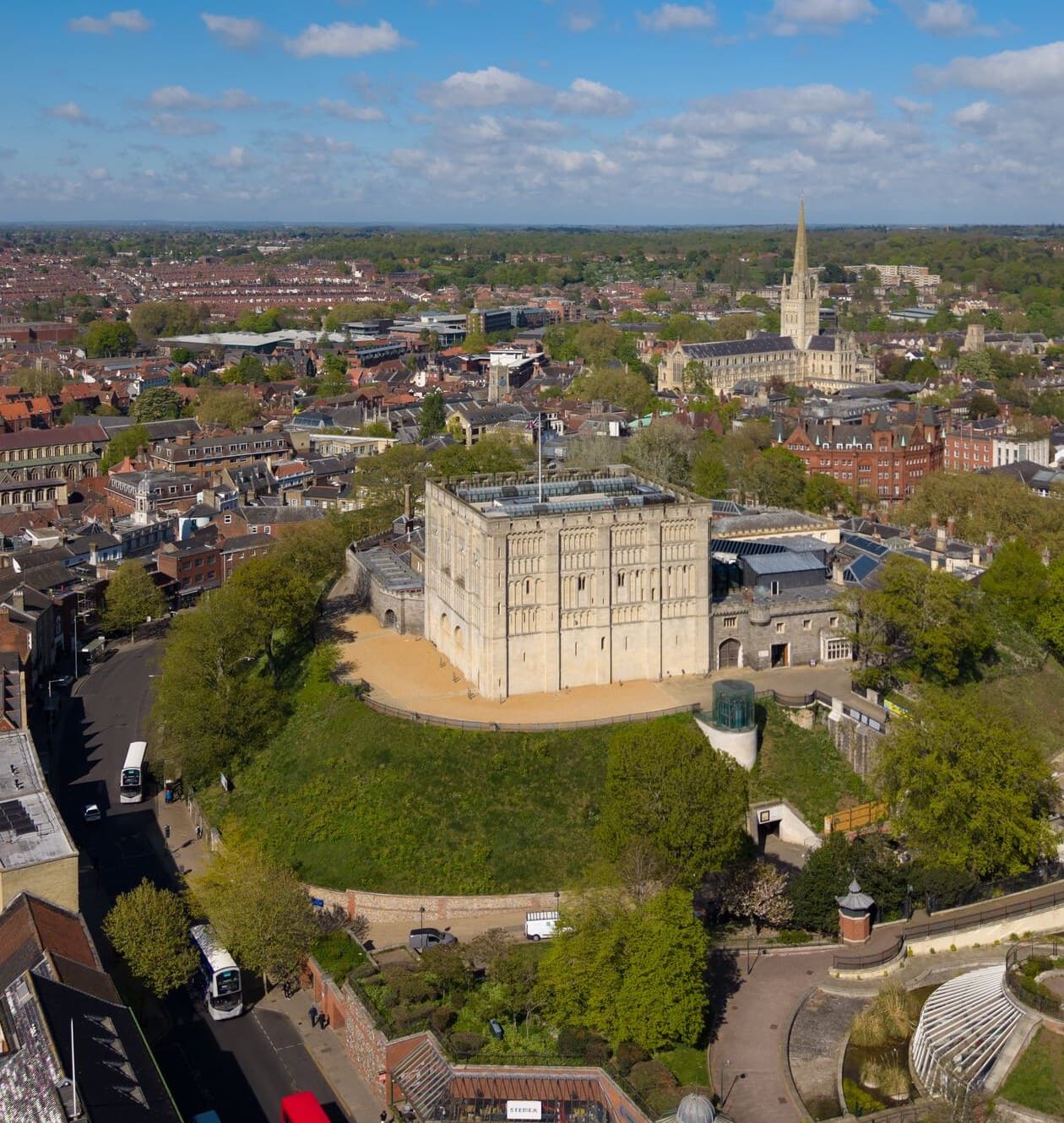 Norwich from the air, with the castle on its mound and the cathedral spire beyond